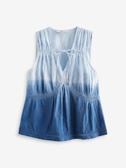 Blue Dip Hem Broderie Sleeveless 100% Cotton Tie Top - Image 4 of 5
