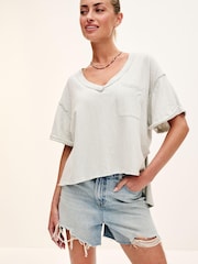 Grey Oversized Linen Look Washed Pocket Detail Slouch V-Neck T-Shirt - Image 1 of 6