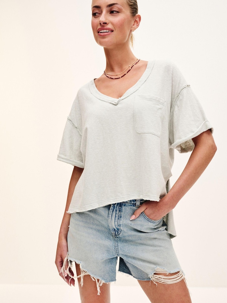 Grey Oversized Linen Look Washed Pocket Detail Slouch V-Neck T-Shirt - Image 1 of 6