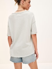 Grey Oversized Linen Look Washed Pocket Detail Slouch V-Neck T-Shirt - Image 3 of 6