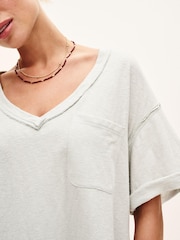 Grey Oversized Linen Look Washed Pocket Detail Slouch V-Neck T-Shirt - Image 4 of 6