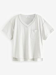 Grey Oversized Linen Look Washed Pocket Detail Slouch V-Neck T-Shirt - Image 5 of 6