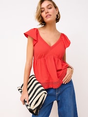 Red 100% Cotton Lace Trim Flutter Sleeve Summer Holiday Top - Image 1 of 6