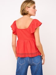 Red 100% Cotton Lace Trim Flutter Sleeve Summer Holiday Top - Image 2 of 6