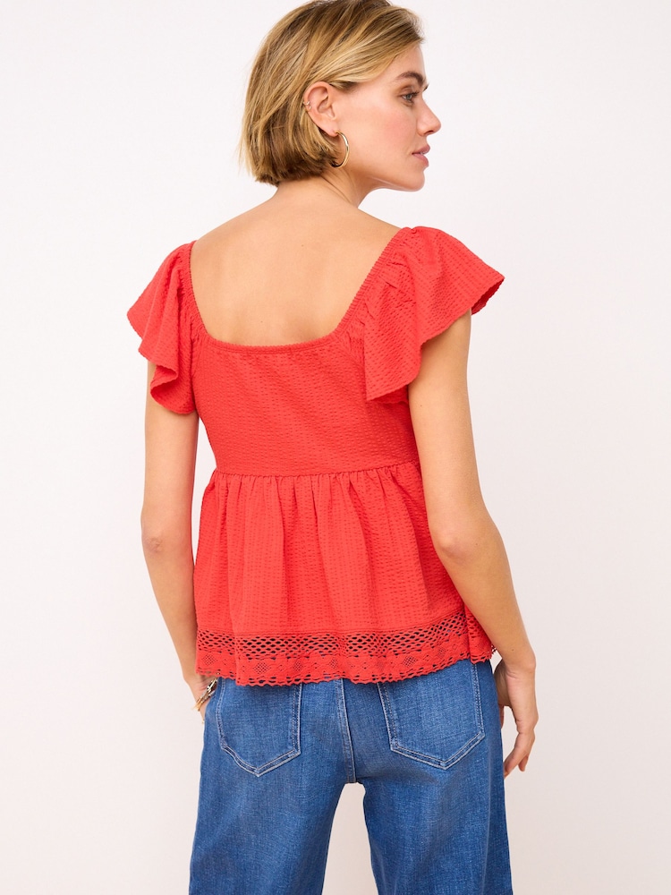 Red 100% Cotton Lace Trim Flutter Sleeve Summer Holiday Top - Image 2 of 6