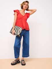 Red 100% Cotton Lace Trim Flutter Sleeve Summer Holiday Top - Image 3 of 6