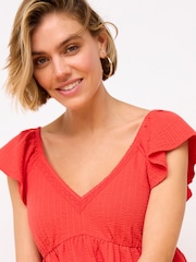 Red 100% Cotton Lace Trim Flutter Sleeve Summer Holiday Top - Image 4 of 6