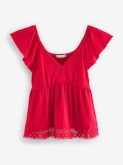 Red 100% Cotton Lace Trim Flutter Sleeve Summer Holiday Top - Image 5 of 6