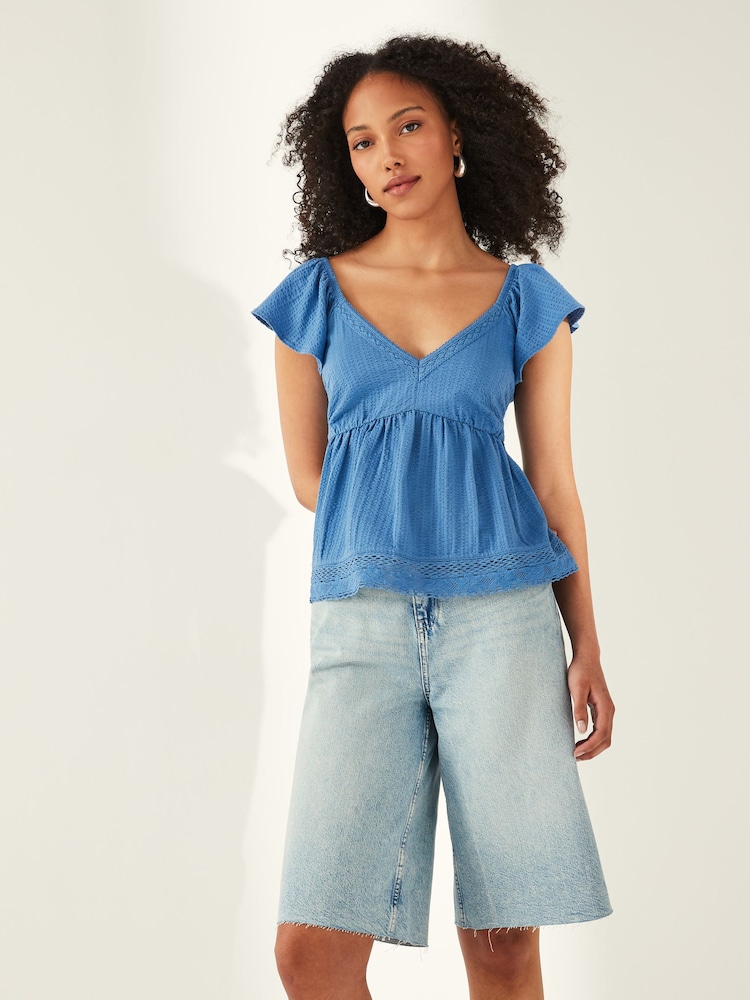 Blue 100% Cotton Lace Trim Flutter Sleeve Summer Holiday Top - Image 1 of 5