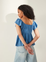 Blue 100% Cotton Lace Trim Flutter Sleeve Summer Holiday Top - Image 2 of 5