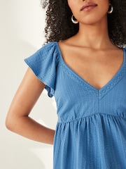 Blue 100% Cotton Lace Trim Flutter Sleeve Summer Holiday Top - Image 3 of 5