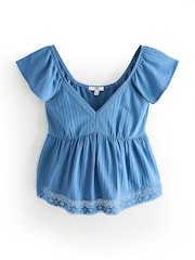 Blue 100% Cotton Lace Trim Flutter Sleeve Summer Holiday Top - Image 4 of 5