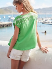 Bright Green 100% Cotton Broderie V-Neck Lace Detail Short Sleeve Top - Image 3 of 6