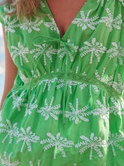Bright Green 100% Cotton Broderie V-Neck Lace Detail Short Sleeve Top - Image 4 of 6