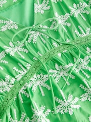 Bright Green 100% Cotton Broderie V-Neck Lace Detail Short Sleeve Top - Image 6 of 6