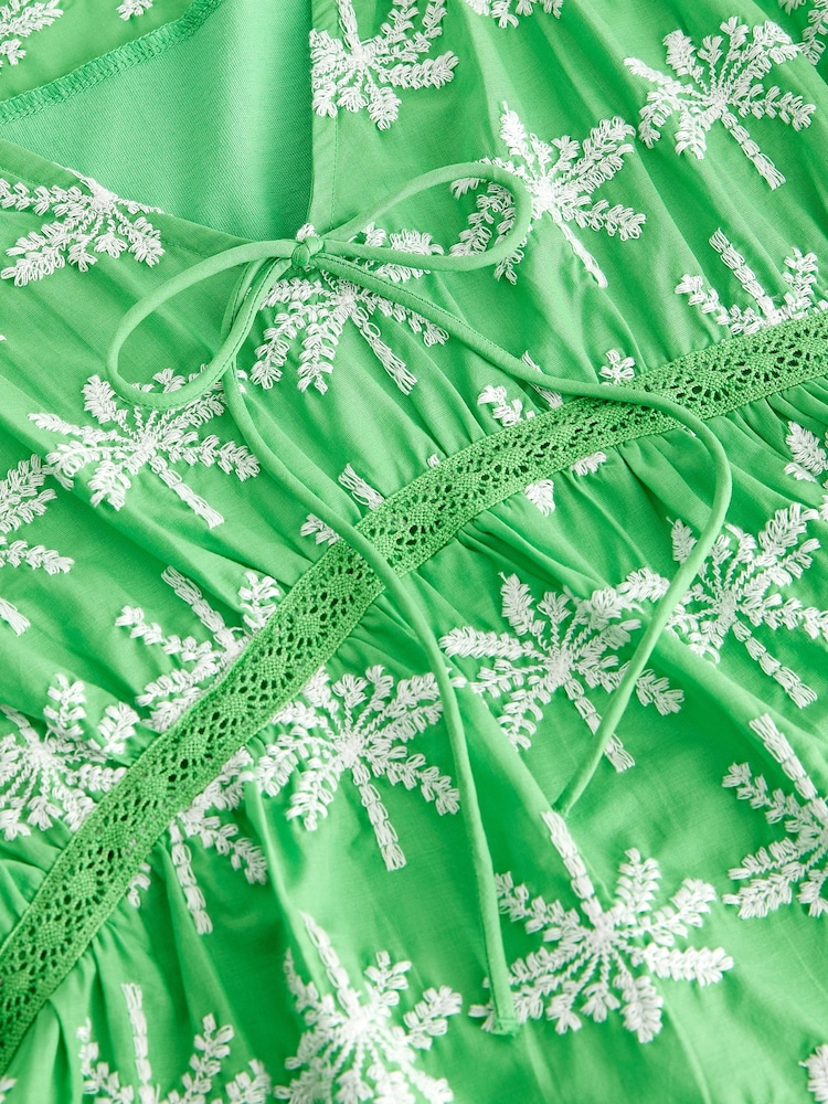 Bright Green 100% Cotton Broderie V-Neck Lace Detail Short Sleeve Top - Image 6 of 6