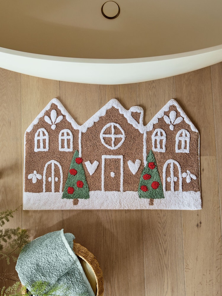 Brown Christmas Gingerbread House 100% Cotton Bath Mat - Image 1 of 4
