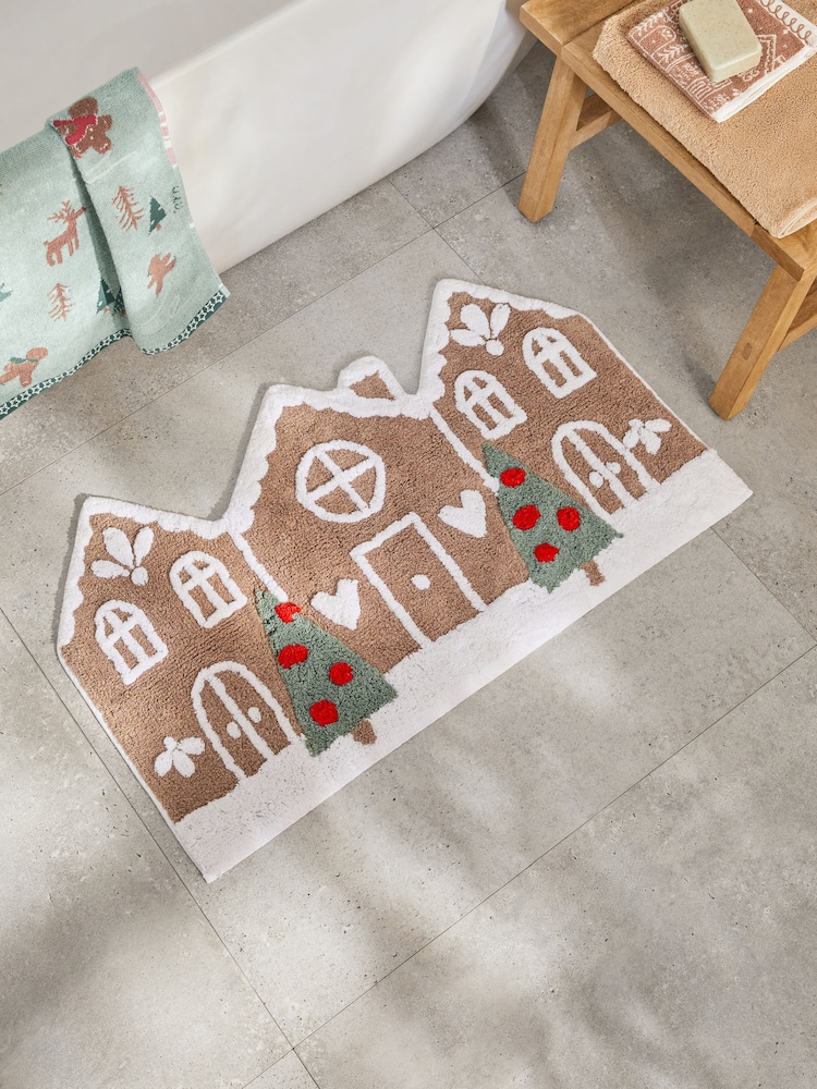 Brown Christmas Gingerbread House 100% Cotton Bath Mat - Image 2 of 4