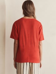 Red Slim Fit Premium 100% Linen Crew Neck Short Sleeve T-Shirt - Image 3 of 6