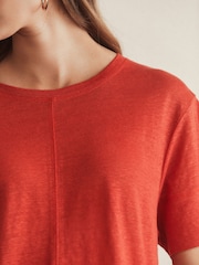 Red Slim Fit Premium 100% Linen Crew Neck Short Sleeve T-Shirt - Image 4 of 6