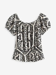 Black/White 100% Cotton Bardot Puff Sleeve Blouse - Image 6 of 7