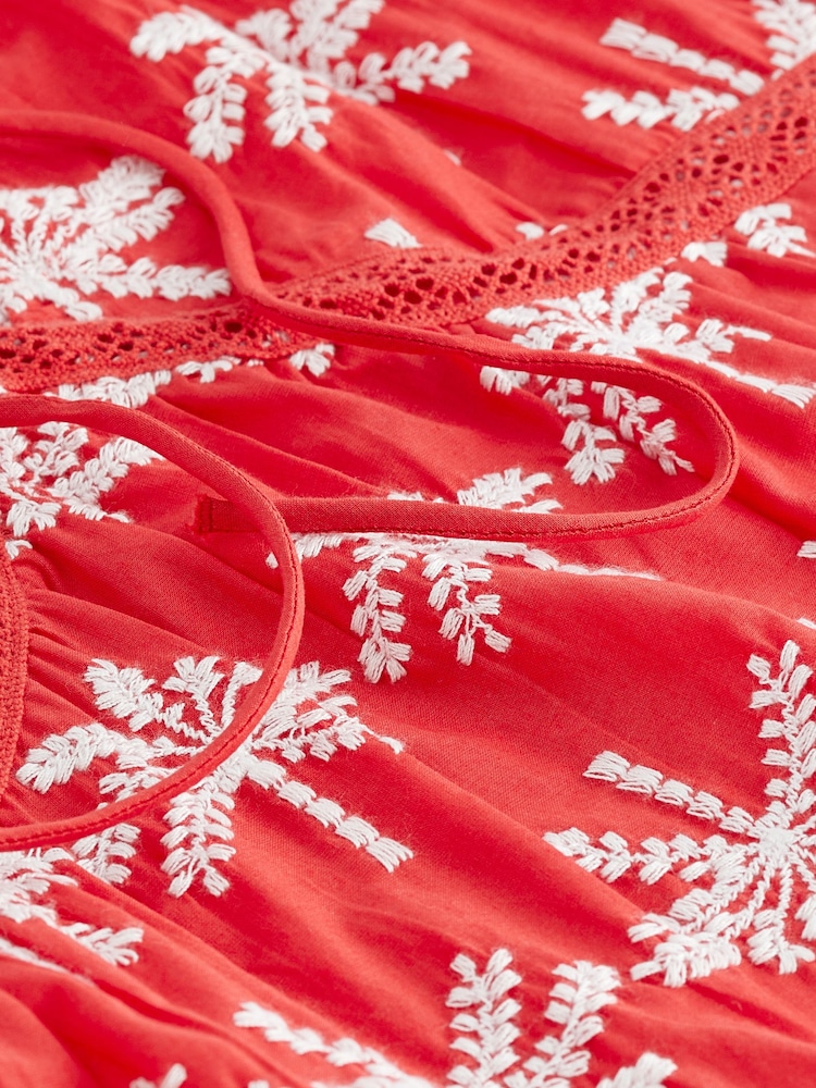 Bright Red Broderie Sleeveless 100% Cotton Tie Top - Image 6 of 6