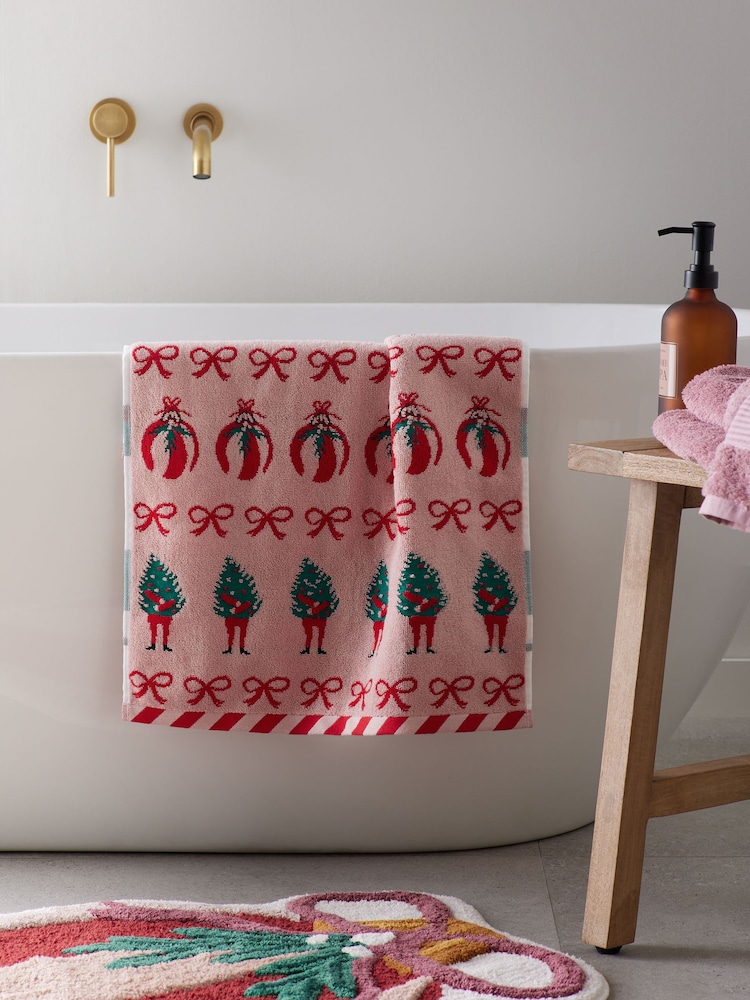 Red & Pink Christmas Tree and Bows 100% Cotton Hand Towel - Image 1 of 2