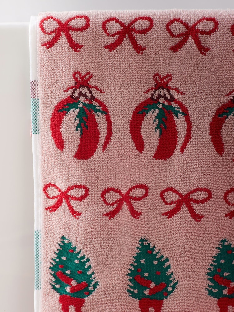 Red & Pink Christmas Tree and Bows 100% Cotton Hand Towel - Image 2 of 2