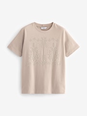 Neutral 100% Cotton Palm Print Beaded Sparkle Holiday Short Sleeve T-Shirt - Image 5 of 6