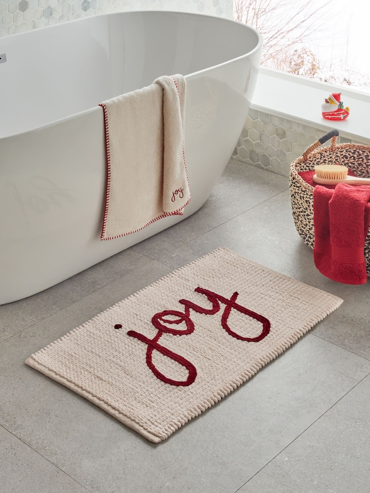 Natural Cream Christmas Joy Slogan Plush Bobble Bath Mat - Image 1 of 4