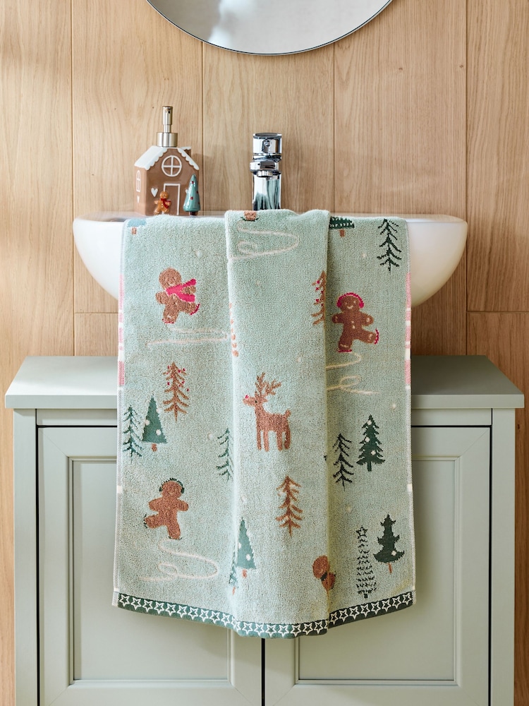 Sage Green Christmas Gingerbread 100% Cotton Towel - Image 1 of 4