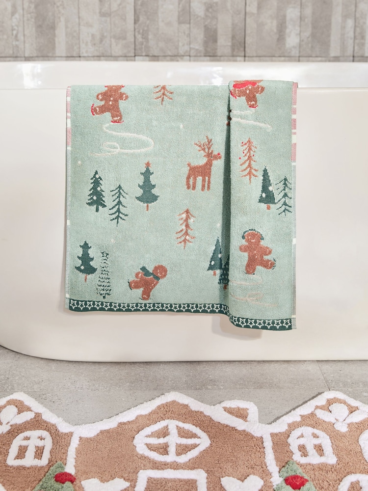 Sage Green Christmas Gingerbread 100% Cotton Towel - Image 2 of 4 Sage Green Christmas Gingerbread 100% Cotton Towel - Image 2 of 4
