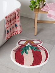 Red/Pink Christmas Bauble Bow Shaped 100% Cotton Bath Mat - Image 1 of 3