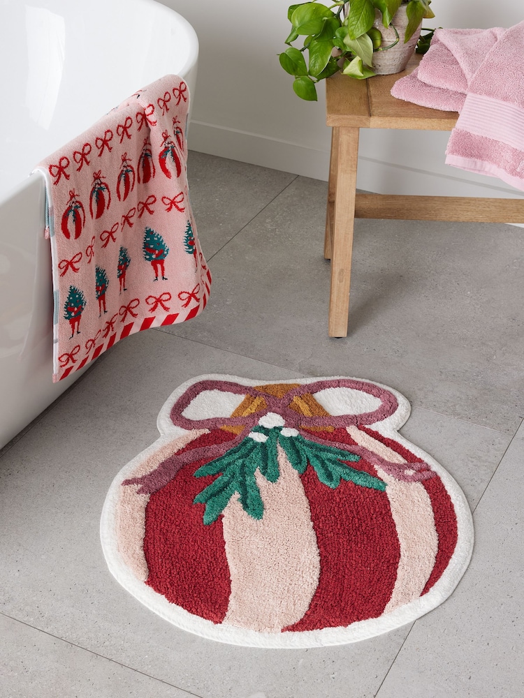 Red/Pink Christmas Bauble Bow Shaped 100% Cotton Bath Mat - Image 1 of 3 Red/Pink Christmas Bauble Bow Shaped 100% Cotton Bath Mat - Image 1 of 3
