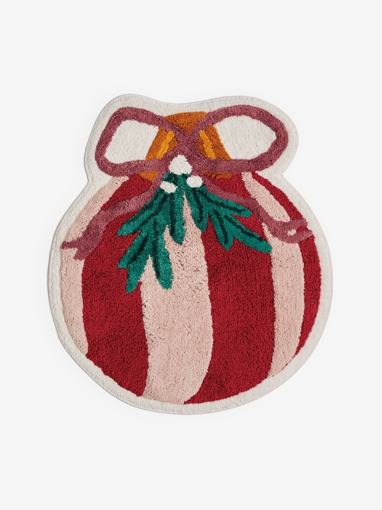 Red/Pink Christmas Bauble Bow Shaped 100% Cotton Bath Mat - Image 2 of 3 Red/Pink Christmas Bauble Bow Shaped 100% Cotton Bath Mat - Image 2 of 3
