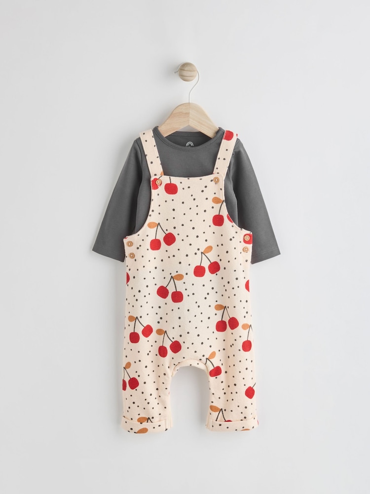 Cream Cherry Print Baby Jersey Dungarees & Long Sleeve 100% Cotton Bodysuit Set (0mths-2yrs) - Image 1 of 10