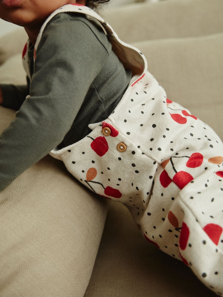 Cream Cherry Print Baby Jersey Dungarees & Long Sleeve 100% Cotton Bodysuit Set (0mths-2yrs) - Image 10 of 10