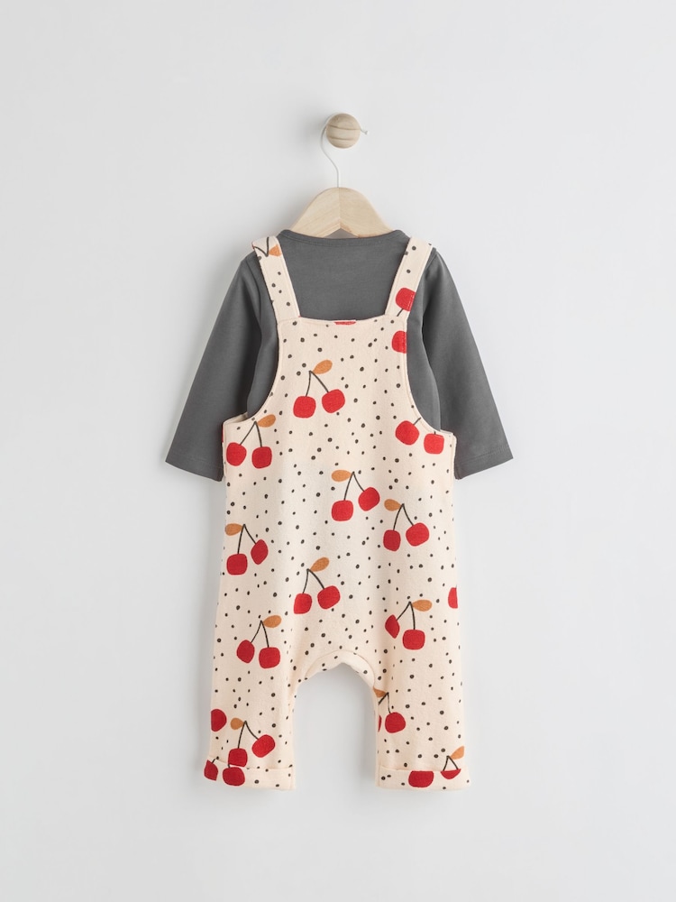 Cream Cherry Print Baby Jersey Dungarees & Long Sleeve 100% Cotton Bodysuit Set (0mths-2yrs) - Image 2 of 10