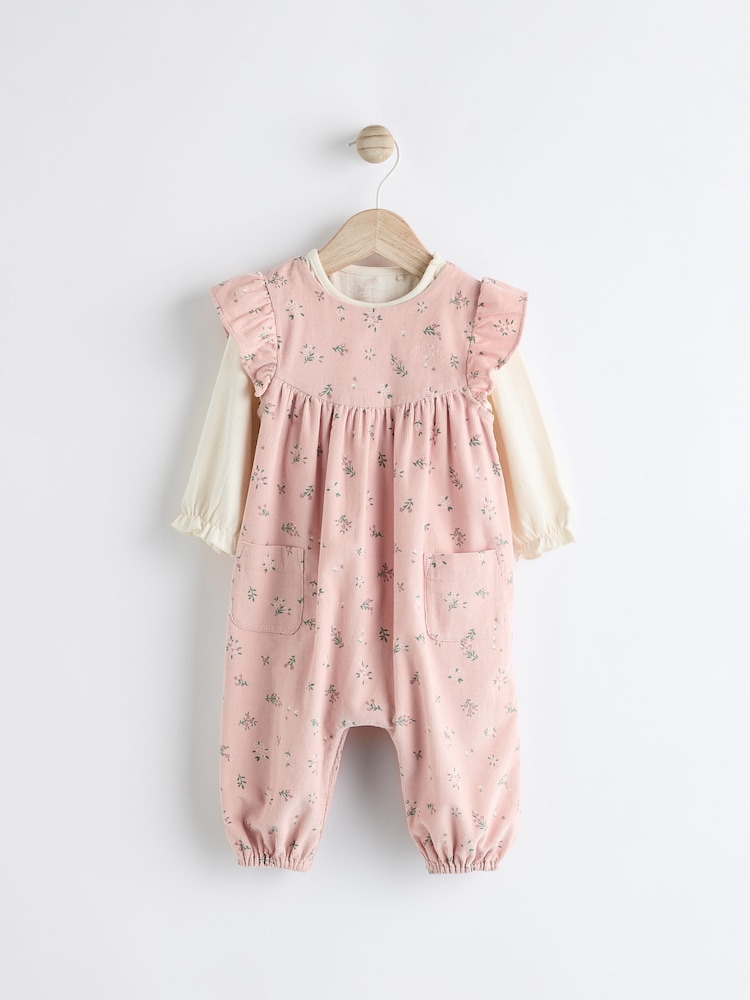 Pink Floral Baby Corduroy 100% Cotton Dungarees and Long Sleeve Bodysuit Set (0mths-2yrs) - Image 1 of 11