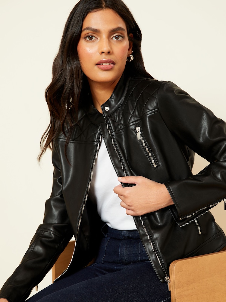 Love & Roses Black Faux Leather Collarless Biker Jacket - Image 1 of 4