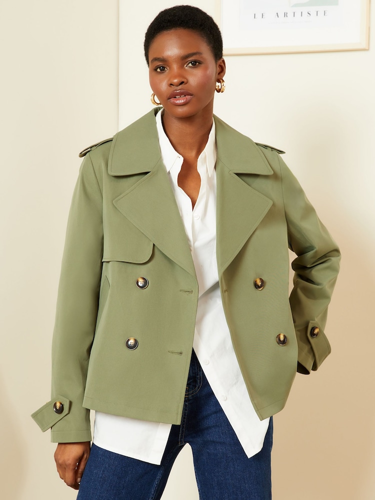 Love & Roses Khaki Green Cropped Trench Jacket - Image 1 of 4