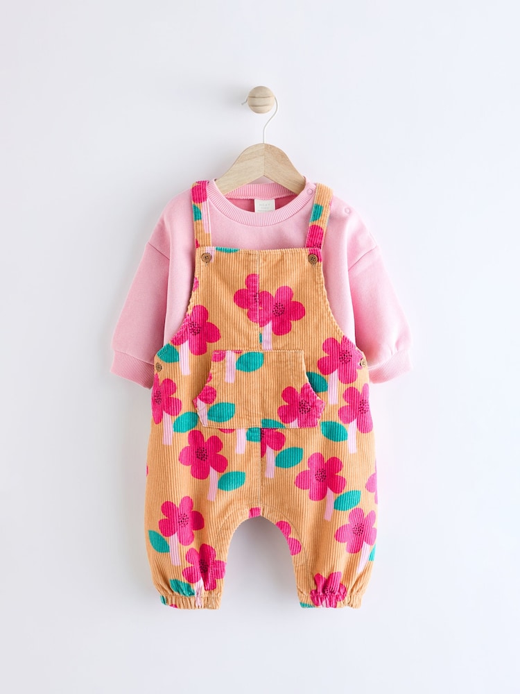 Ochre Yellow/ Pink Floral Baby Corduroy 100% Cotton Dungarees and Long Sleeve Bodysuit Set (0mths-2yrs) - Image 1 of 13