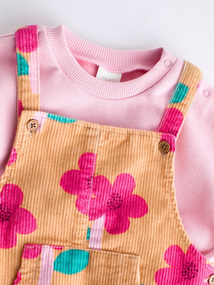 Ochre Yellow/ Pink Floral Baby Corduroy 100% Cotton Dungarees and Long Sleeve Bodysuit Set (0mths-2yrs) - Image 10 of 13