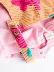 Ochre Yellow/ Pink Floral Baby Corduroy 100% Cotton Dungarees and Long Sleeve Bodysuit Set (0mths-2yrs) - Image 12 of 13