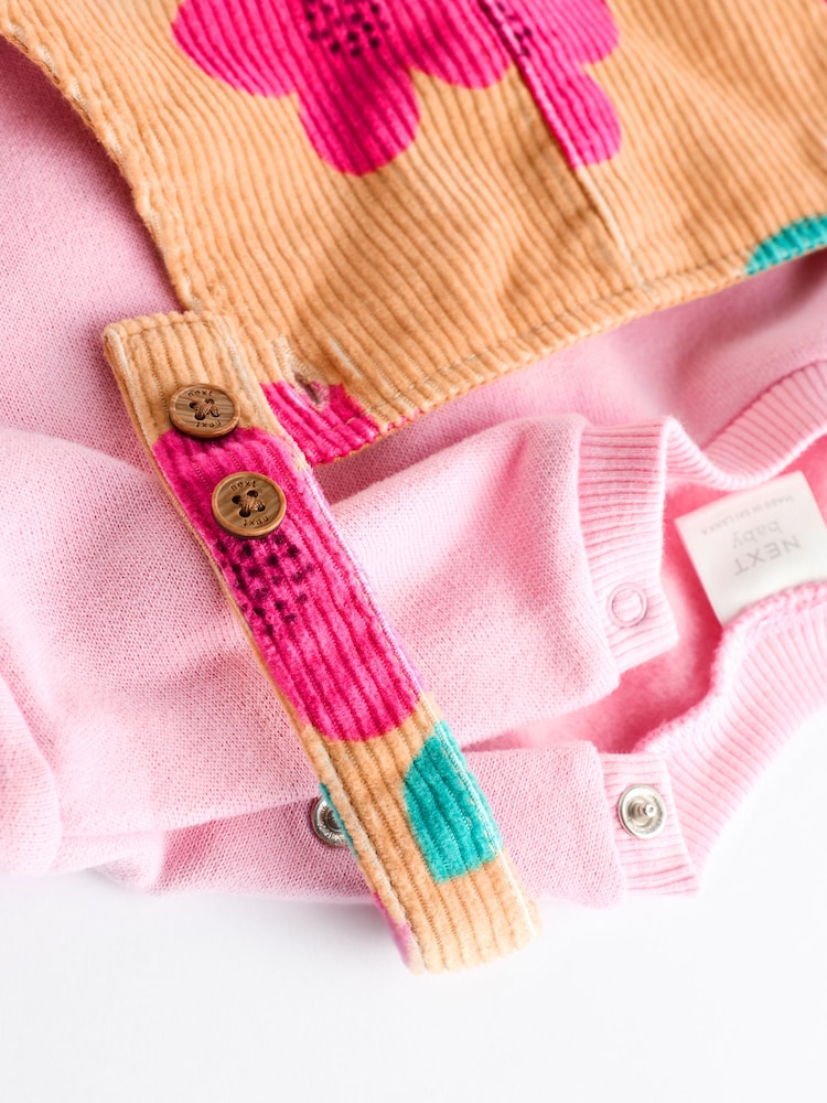 Ochre Yellow/ Pink Floral Baby Corduroy 100% Cotton Dungarees and Long Sleeve Bodysuit Set (0mths-2yrs) - Image 12 of 13