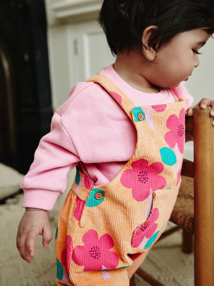 Ochre Yellow/ Pink Floral Baby Corduroy 100% Cotton Dungarees and Long Sleeve Bodysuit Set (0mths-2yrs) - Image 3 of 13