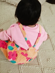 Ochre Yellow/ Pink Floral Baby Corduroy 100% Cotton Dungarees and Long Sleeve Bodysuit Set (0mths-2yrs) - Image 4 of 13