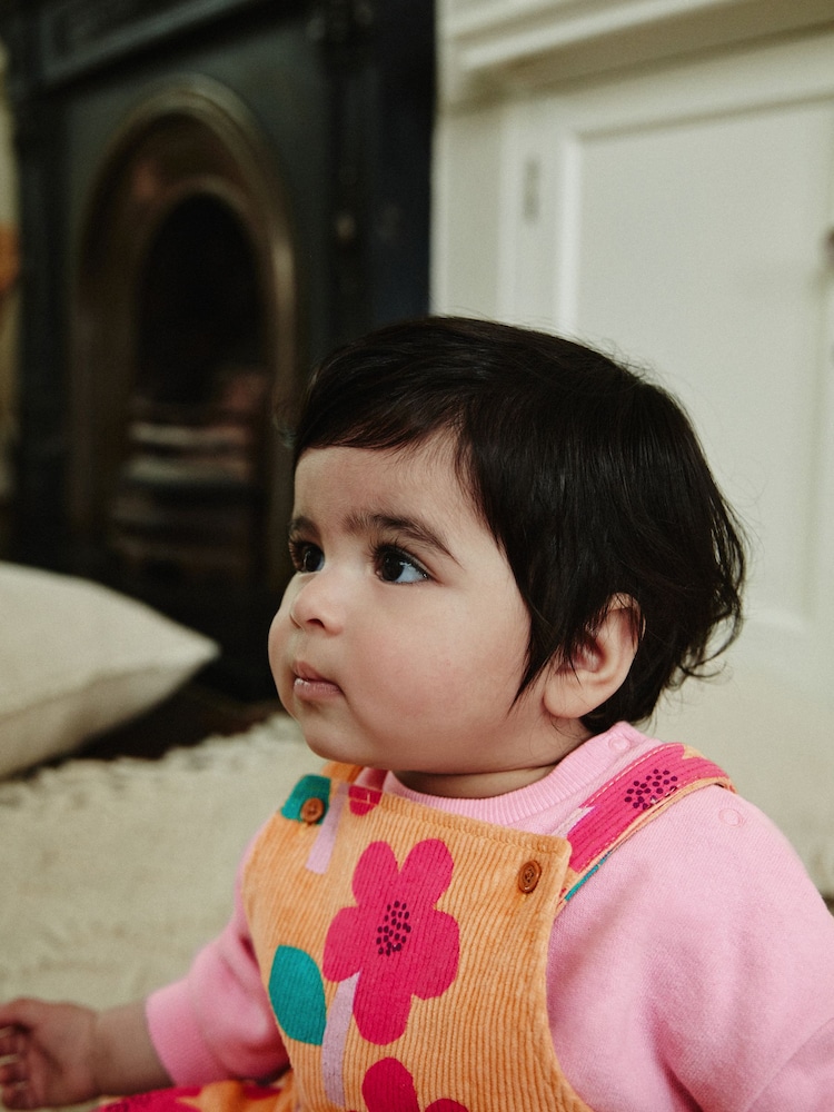 Ochre Yellow/ Pink Floral Baby Corduroy 100% Cotton Dungarees and Long Sleeve Bodysuit Set (0mths-2yrs) - Image 6 of 13