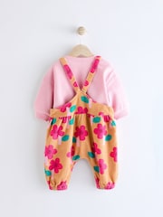 Ochre Yellow/ Pink Floral Baby Corduroy 100% Cotton Dungarees and Long Sleeve Bodysuit Set (0mths-2yrs) - Image 7 of 13