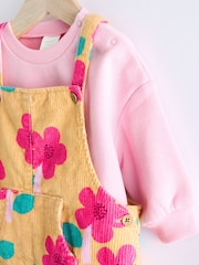 Ochre Yellow/ Pink Floral Baby Corduroy 100% Cotton Dungarees and Long Sleeve Bodysuit Set (0mths-2yrs) - Image 9 of 13